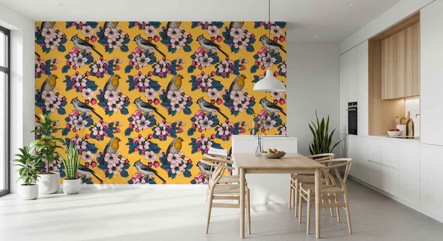 Kitchen styled with Birds and Blossoms on Yellow wallpaper bird design