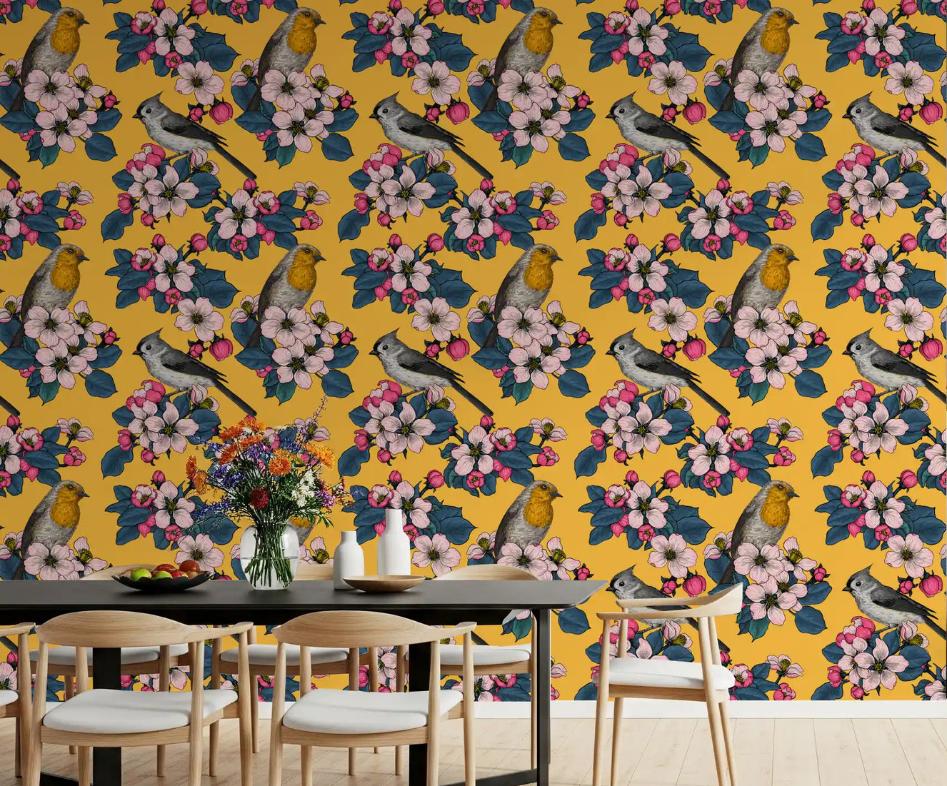 Dining room setup with Birds and Blossoms on Yellow wallpaper bird layout