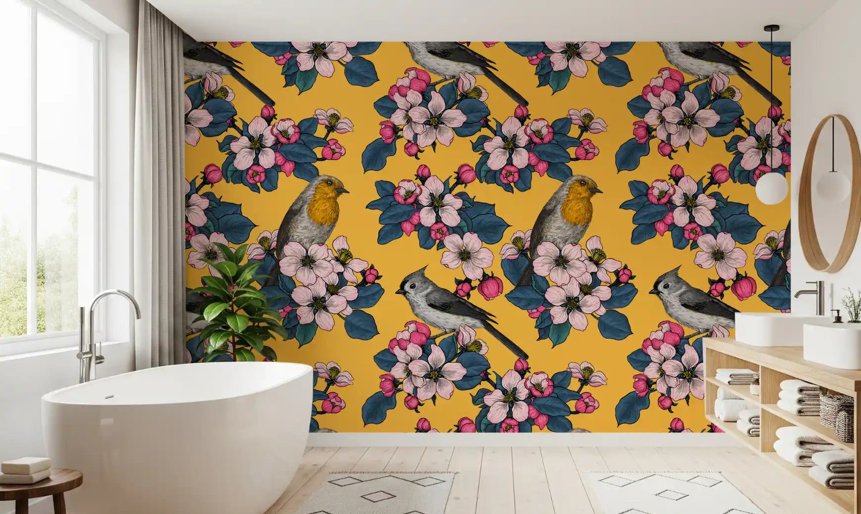 Birds and Blossoms on Yellow wallpaper with birds and pink flowers