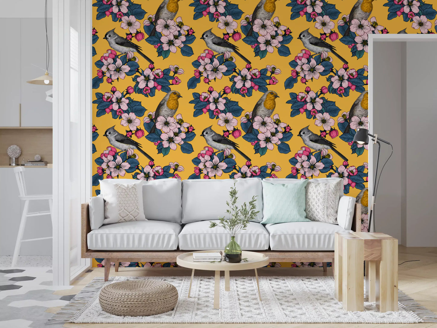 Living room wall featuring Birds and Blossoms on Yellow wallpaper floral art