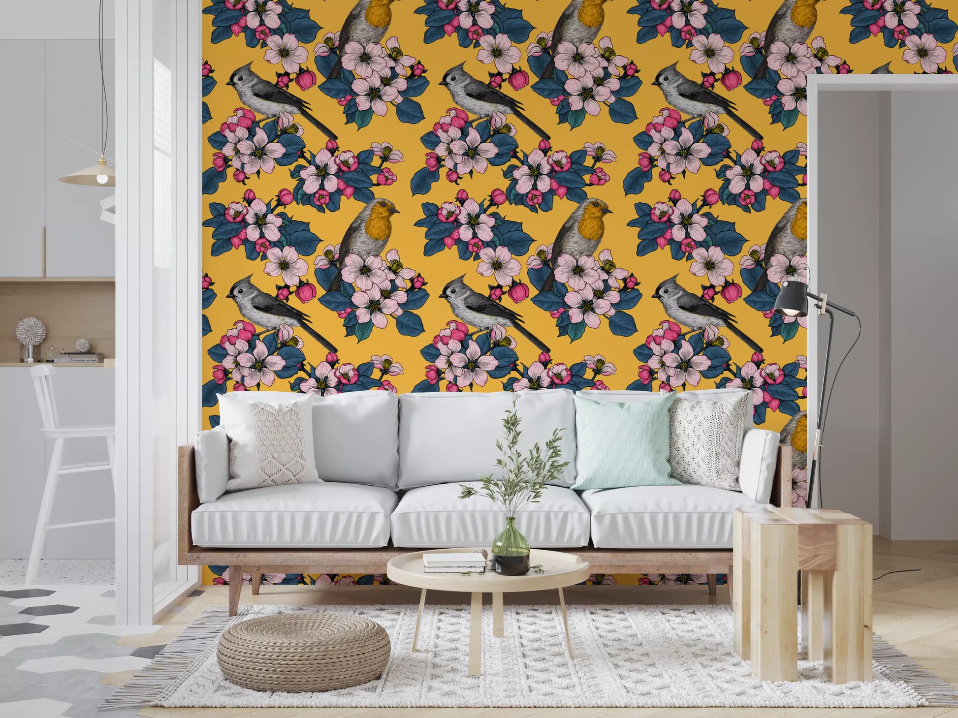 Living room wall featuring Birds and Blossoms on Yellow wallpaper floral art