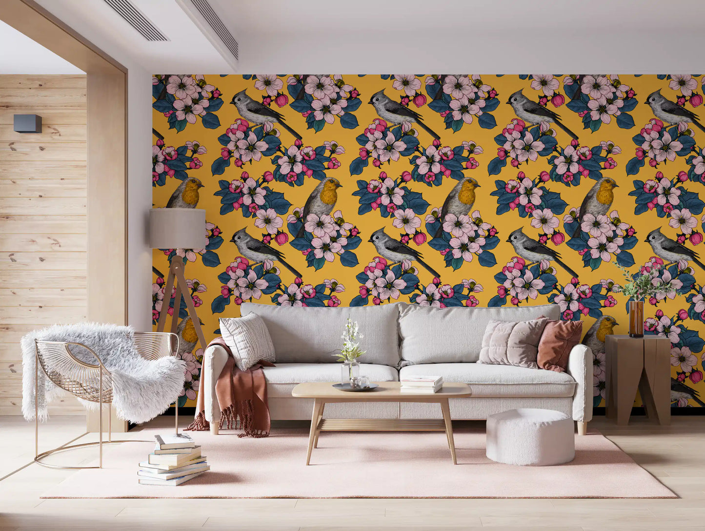 Birds and Blossoms on Yellow wallpaper with detailed blossom clusters