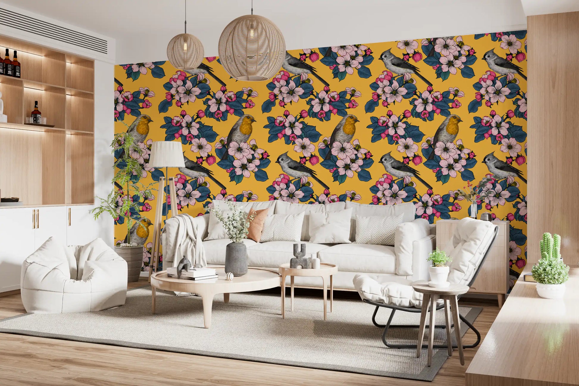 Nature wallpaper with Birds and Blossoms on Yellow bird illustration