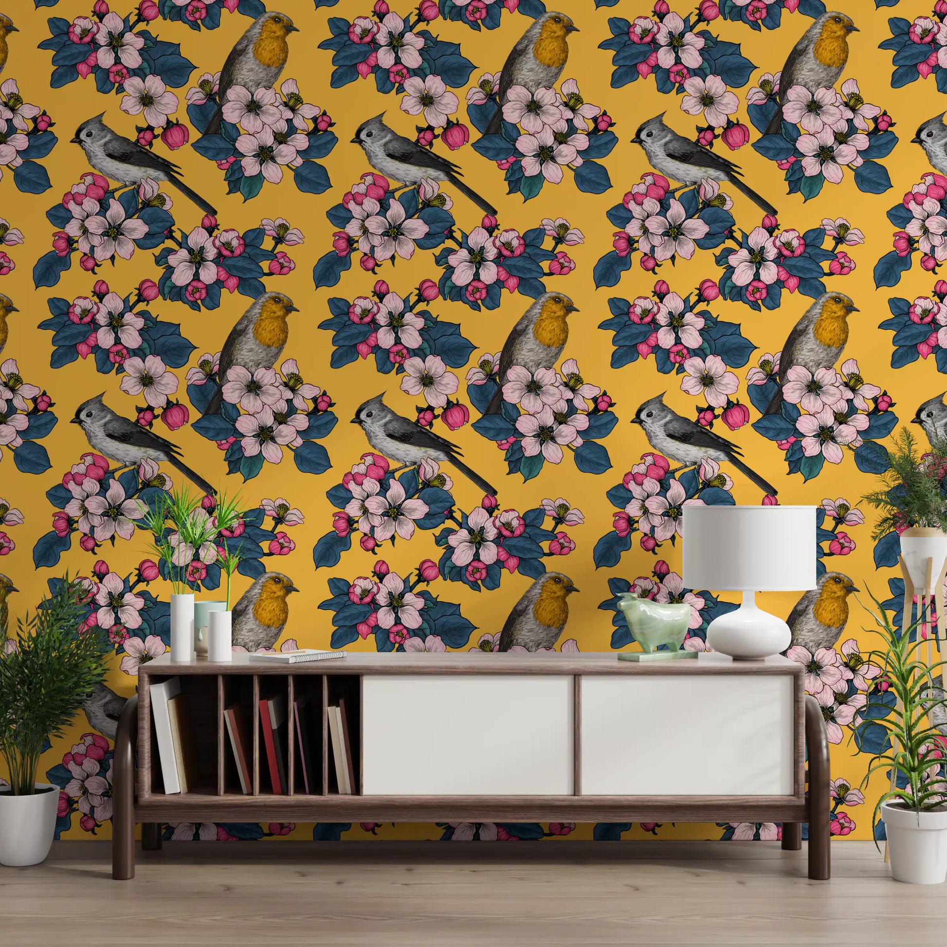 Floral bird wallpaper featuring Birds and Blossoms on Yellow pattern