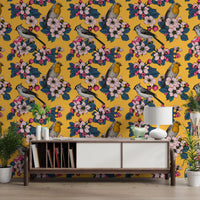 Floral bird wallpaper featuring Birds and Blossoms on Yellow pattern