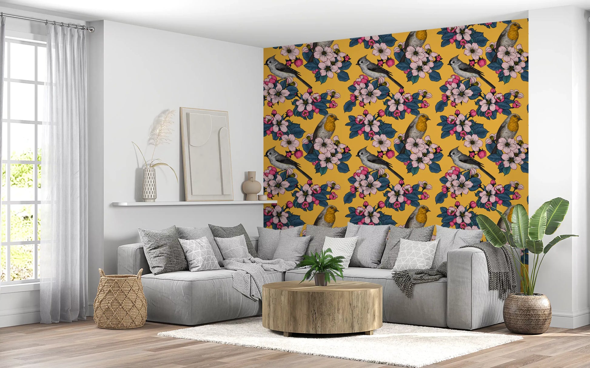 Birds and Blossoms on Yellow wallpaper showing birds and leaf details