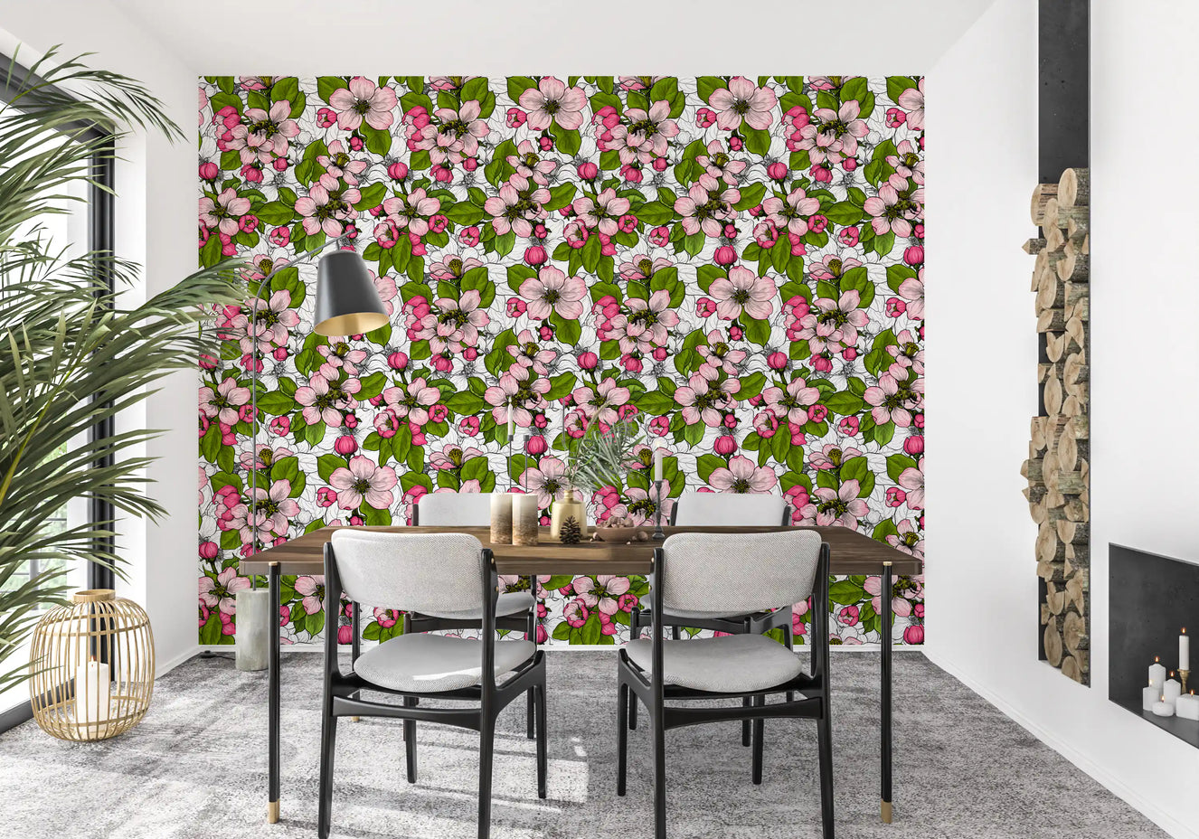 Apple Blossom on White wallpaper with pink blooms and green foliage