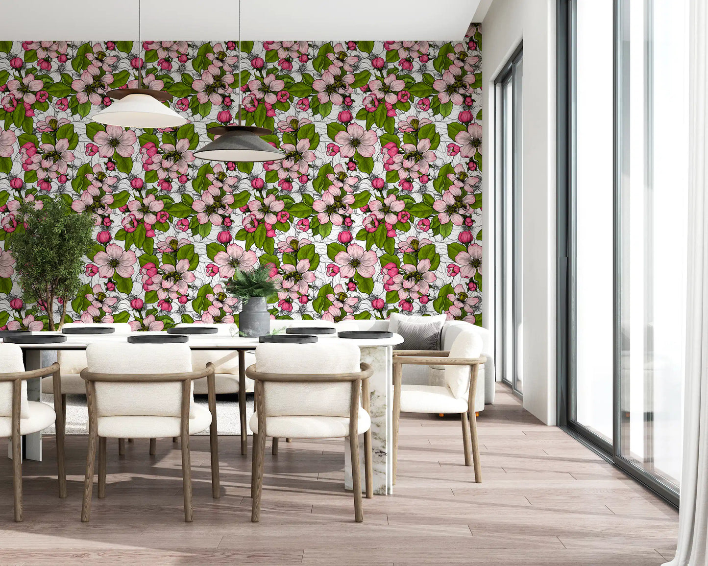 Floral wallpaper featuring Apple Blossom on White detailed pattern
