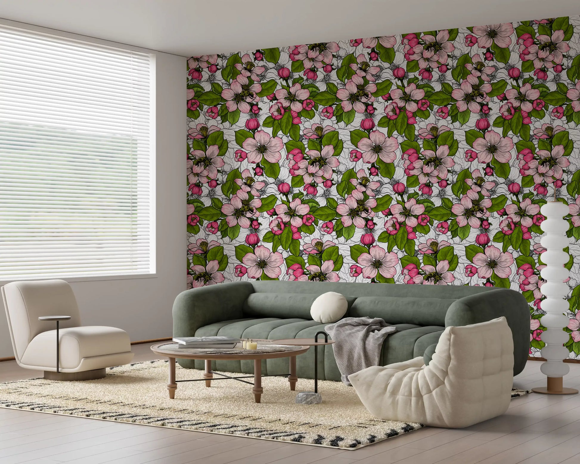 Living room styled with Apple Blossom on White wallpaper floral design
