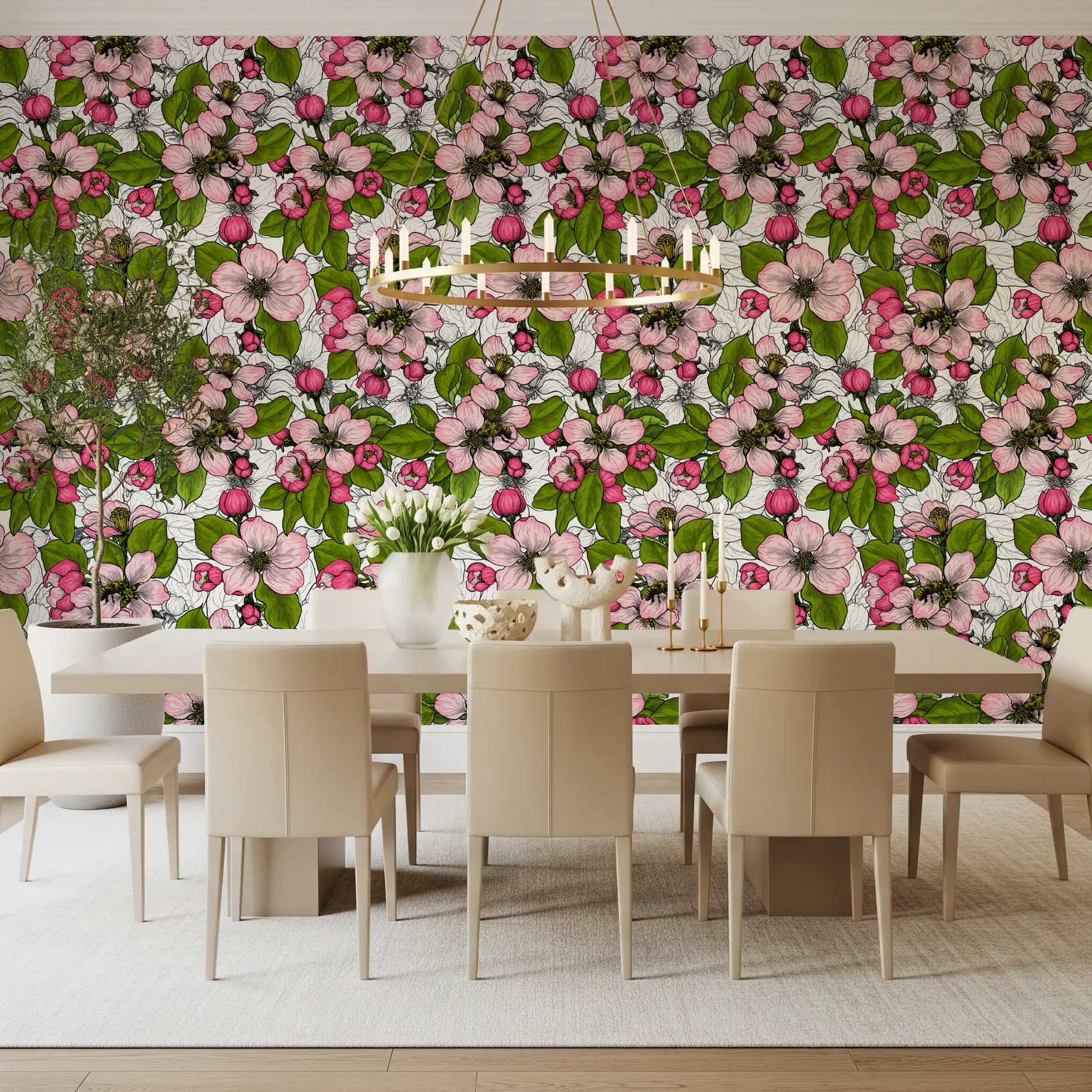 Botanical floral wallpaper with Apple Blossom on White leaf design