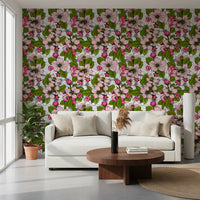 Apple Blossom on White wallpaper with blossoms and bee illustration