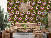 Apple Blossom on Green wallpaper with pink blooms and green foliage
