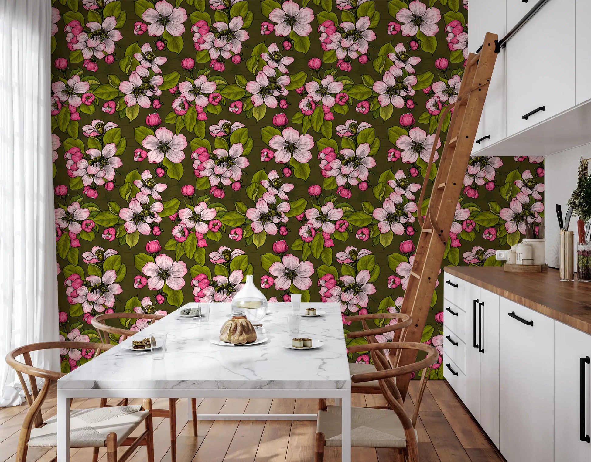 Botanical floral wallpaper with Apple Blossom on Green leaf design
