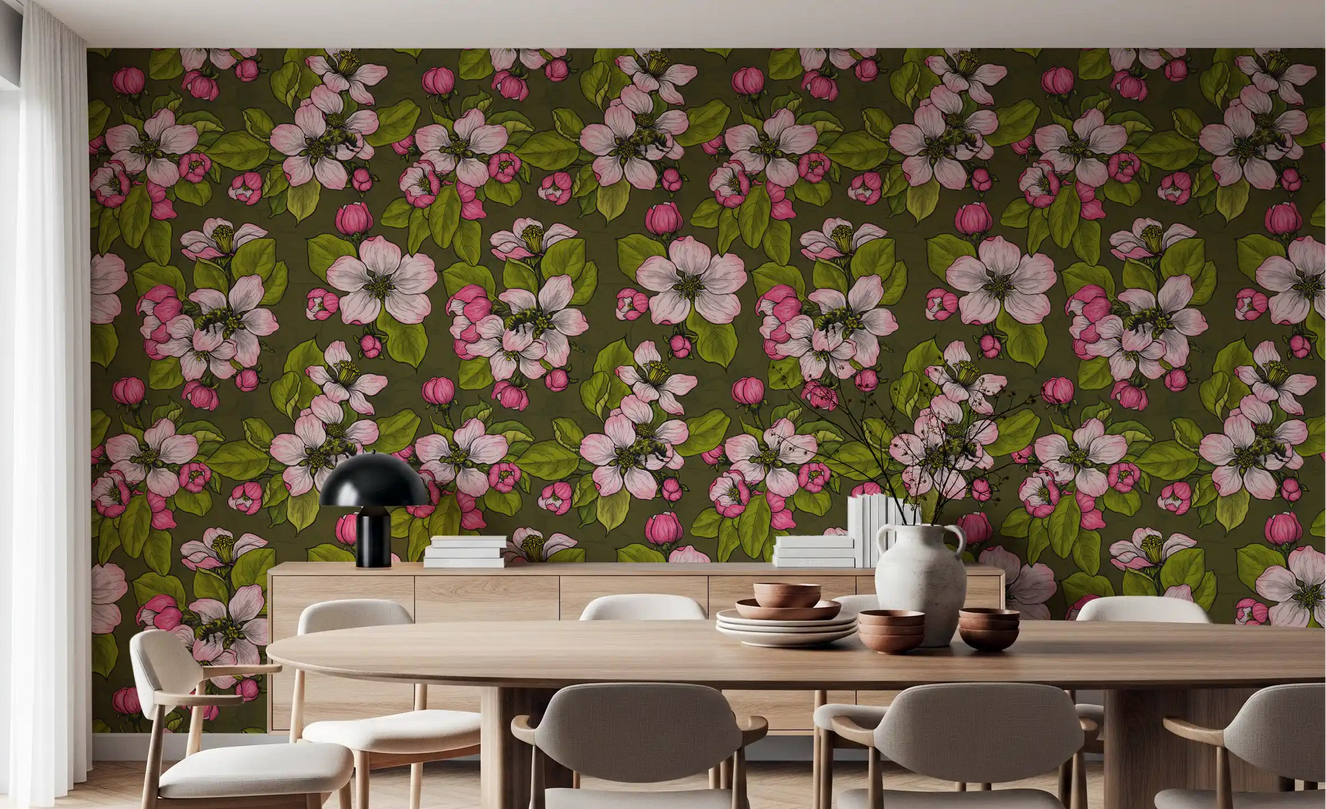 Dining area setup with Apple Blossom on Green wallpaper floral layout