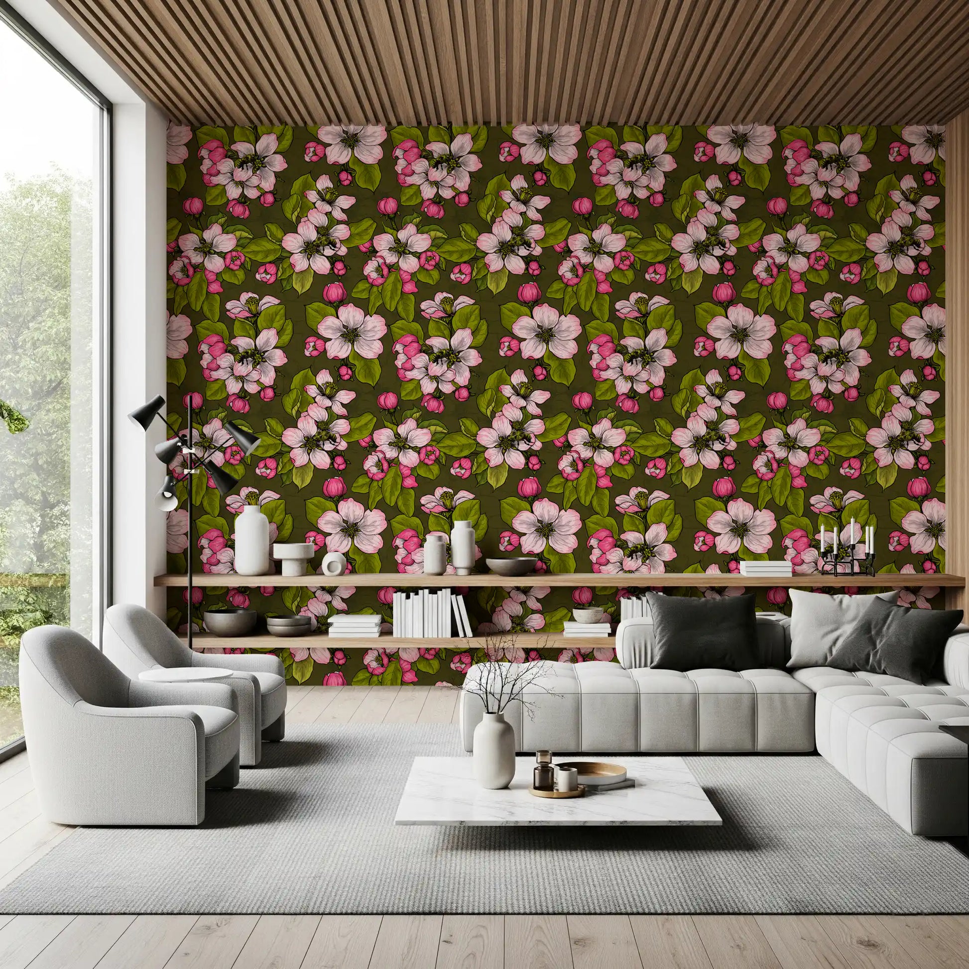 Apple Blossom on Green wallpaper with blossoms and bee illustration