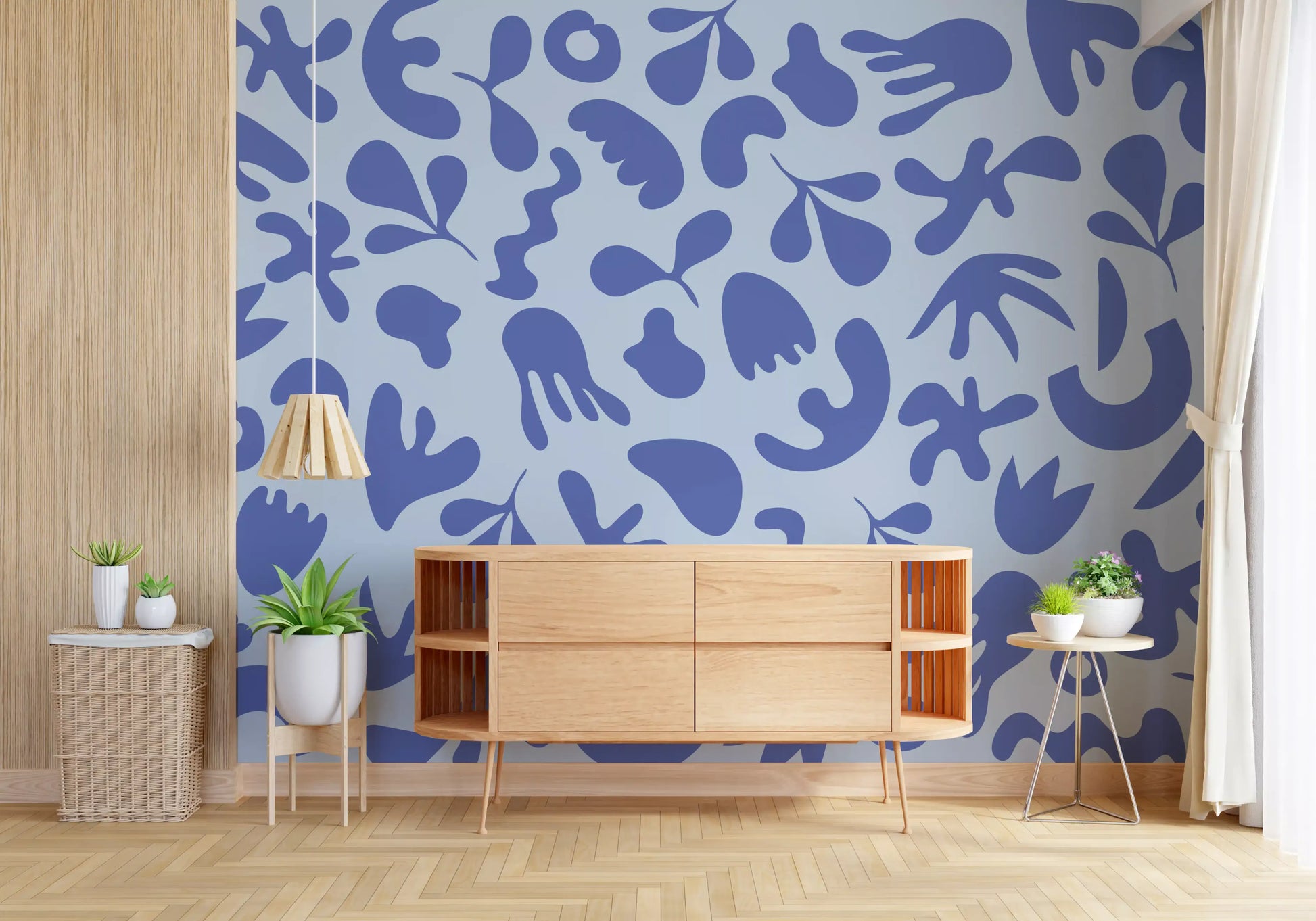Home office featuring Serene Organic Flow wall mural in airy blue tones