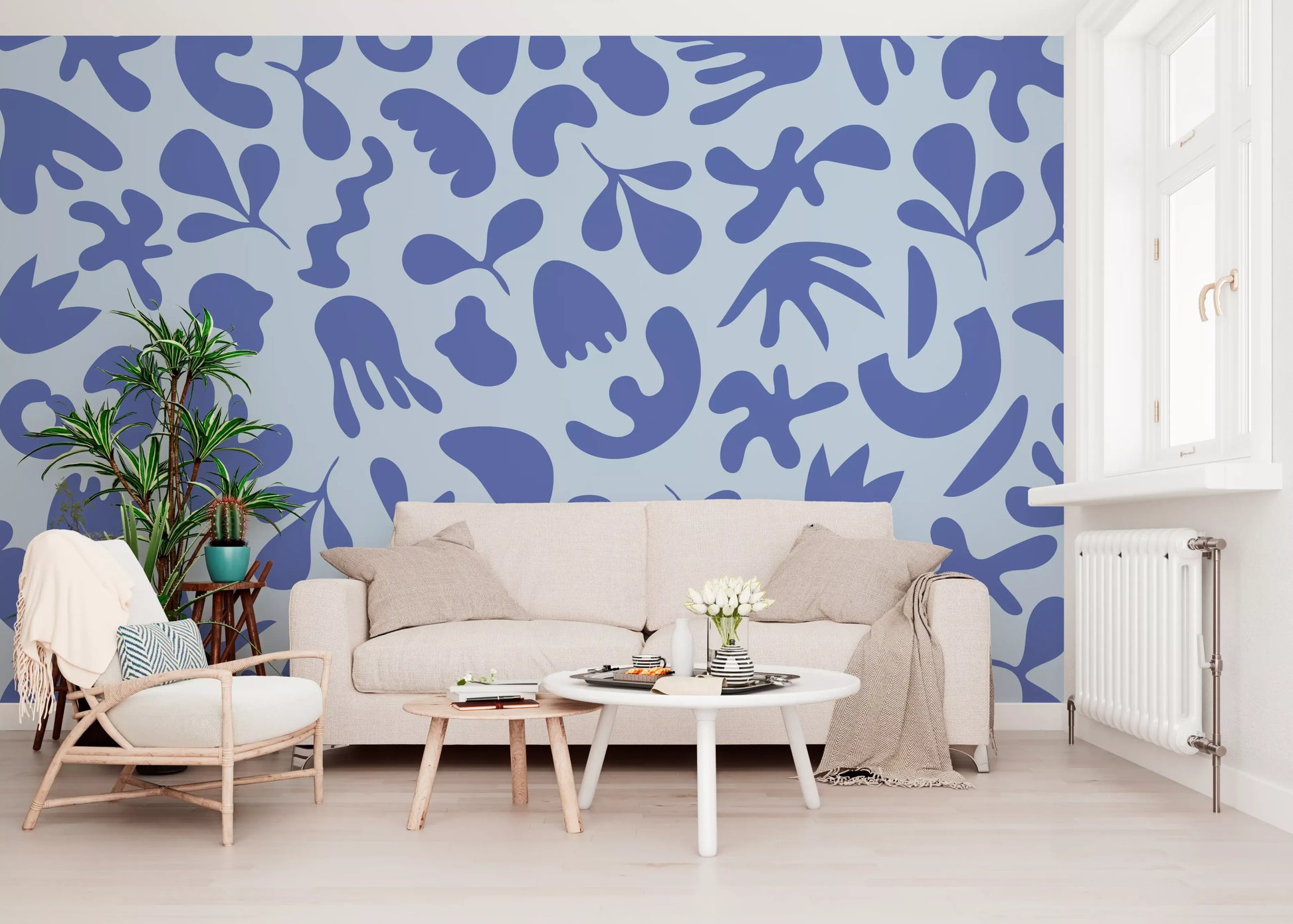 Hallway showing Organic Flow wall mural in light blue pattern