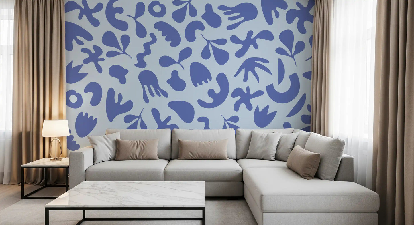 Living room styled using Serene wall mural with calm flowing shapes