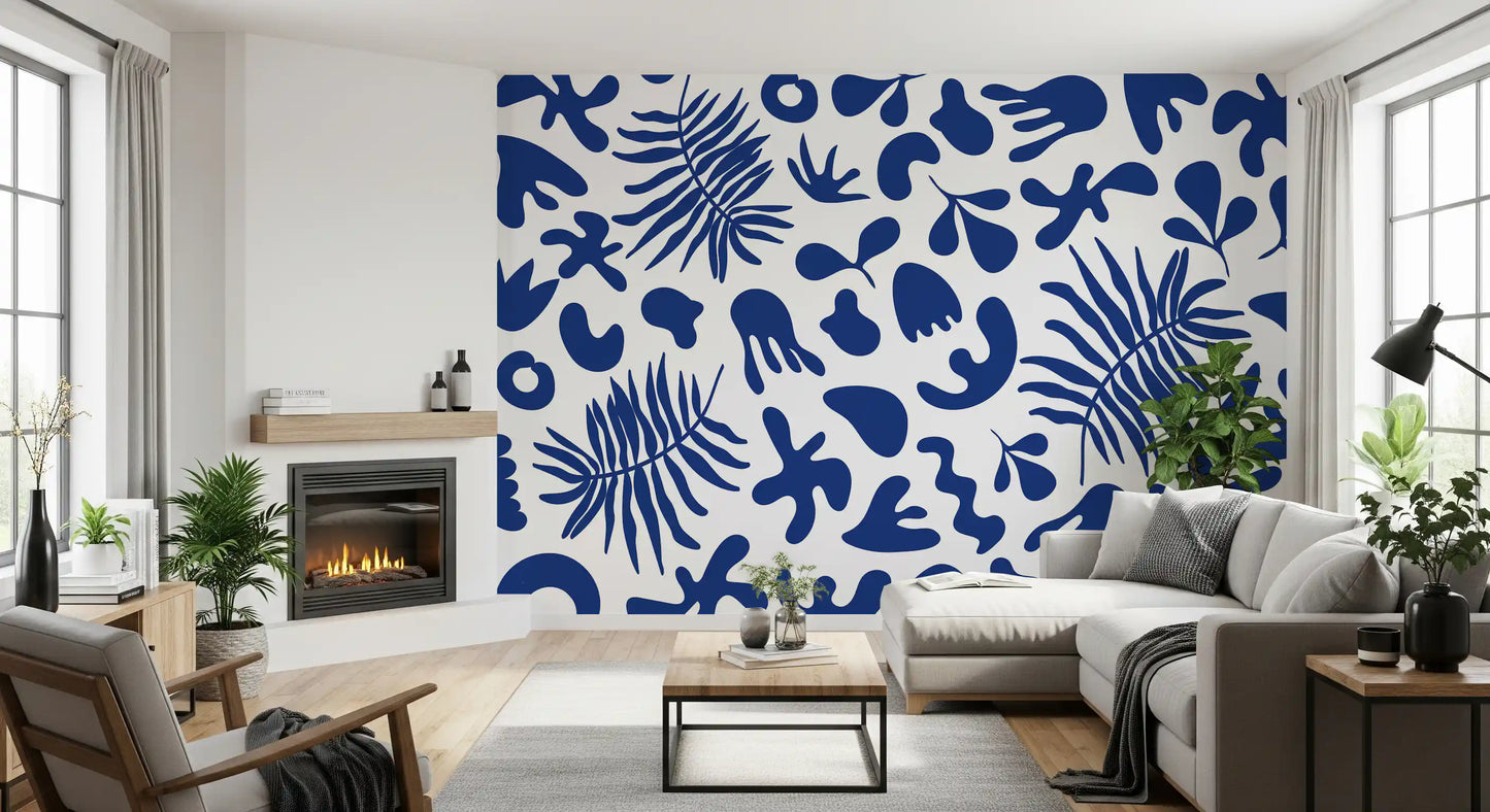 Deep blue Wall Mural with clipped foliage and abstract plant forms