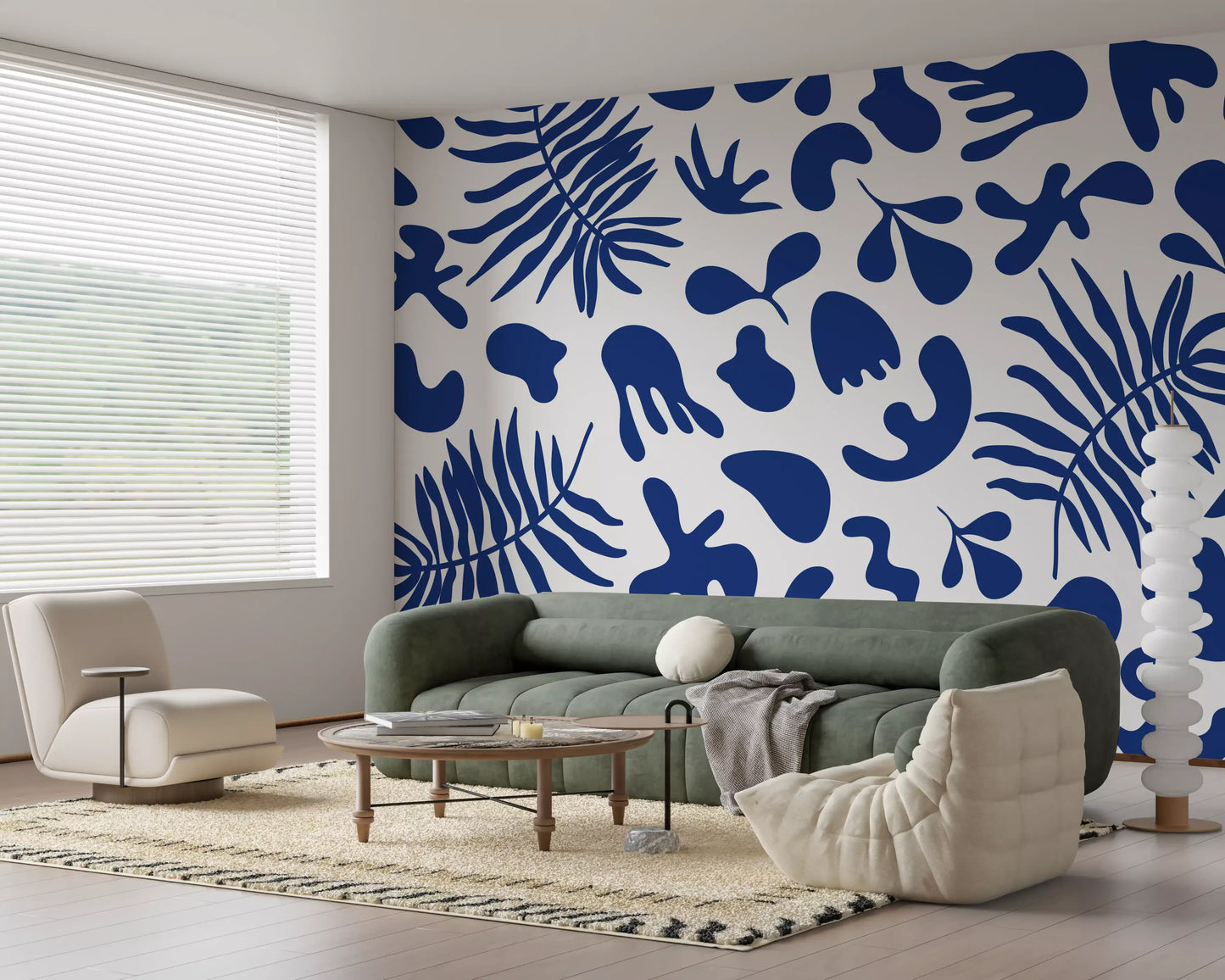 Home Office styled in Blue Wall Mural with clipped garden leaf pattern