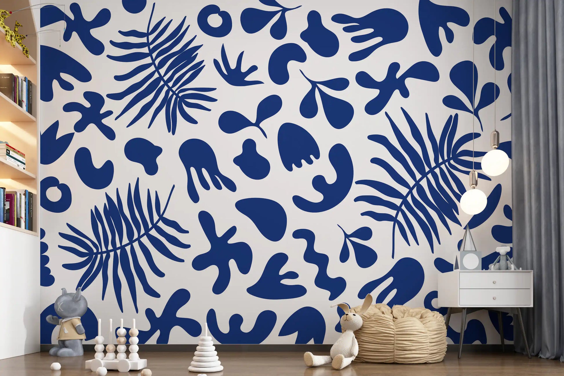 Botanical Clipped Garden wall mural with crisp blue leaf pattern