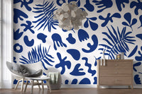 Modern Blue mural with bold garden silhouettes across the wall
