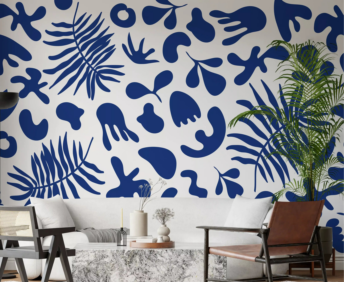 Living room with Blue Clipped Garden wall mural and bold botanical shapes