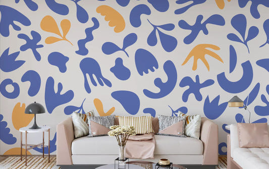 Living area with Blue Organic Flow wall mural in soft abstract pattern