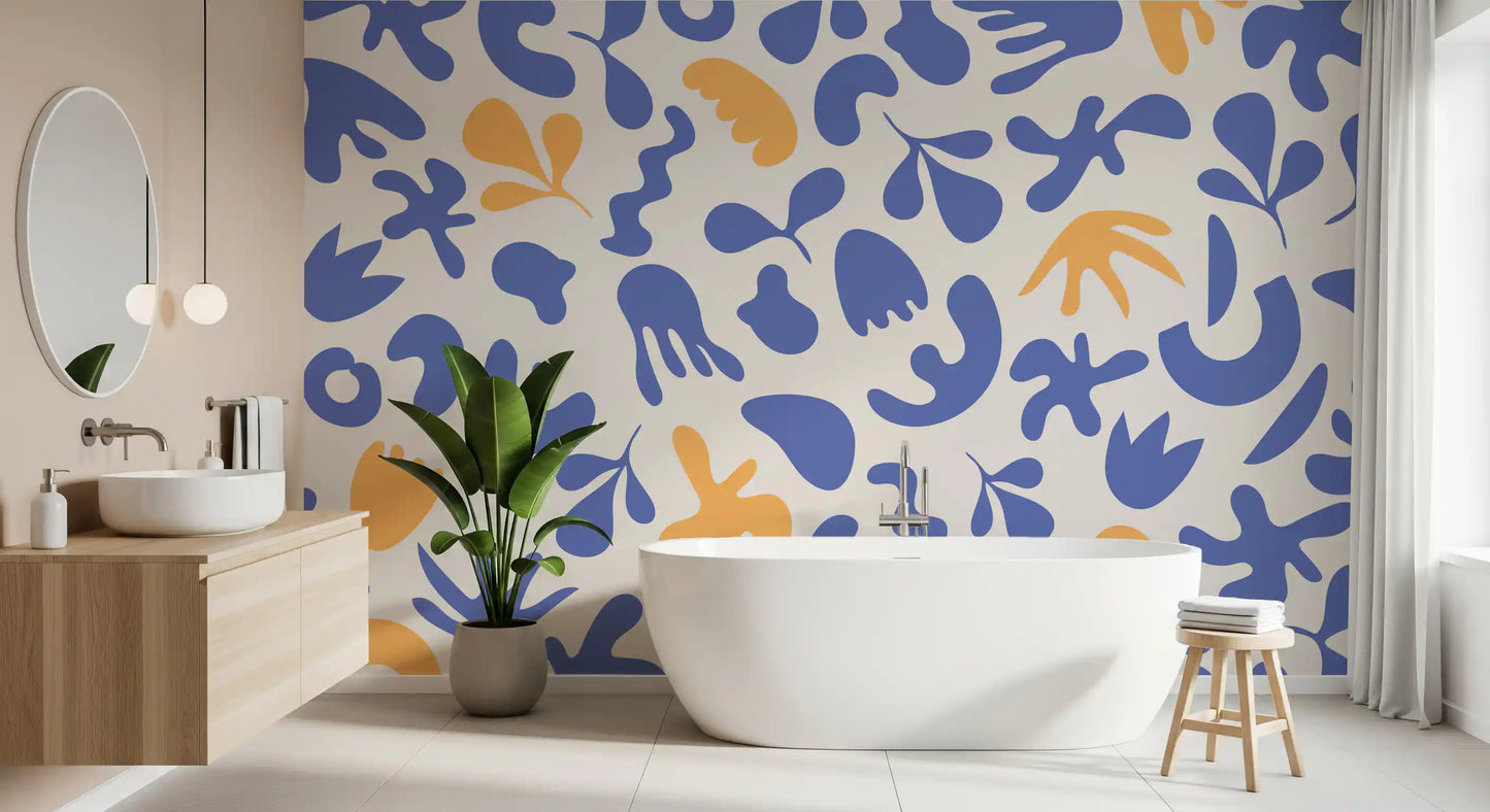 Modern Blue Organic Flow mural with airy decorative pattern