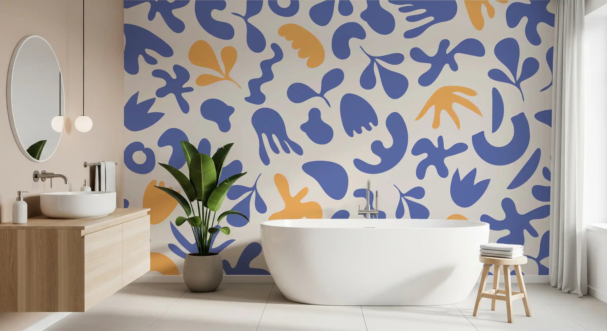 Modern Blue Organic Flow mural with airy decorative pattern
