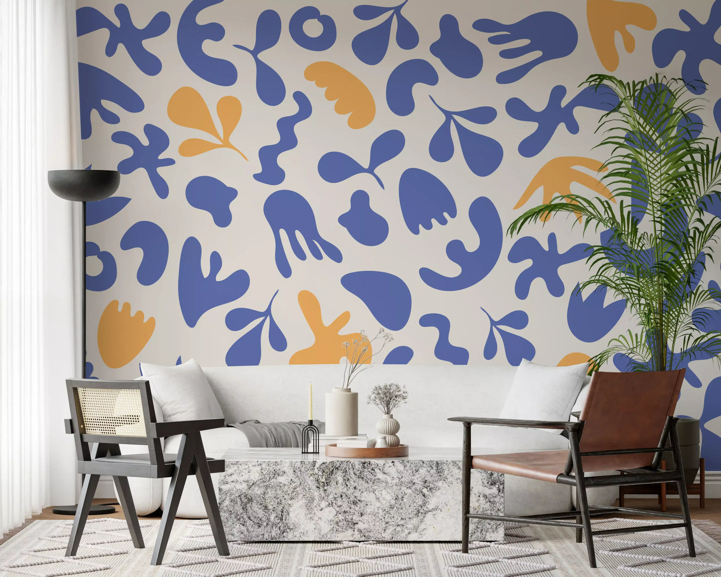 Home Office area with Organic Flow wall mural and soft blue layout