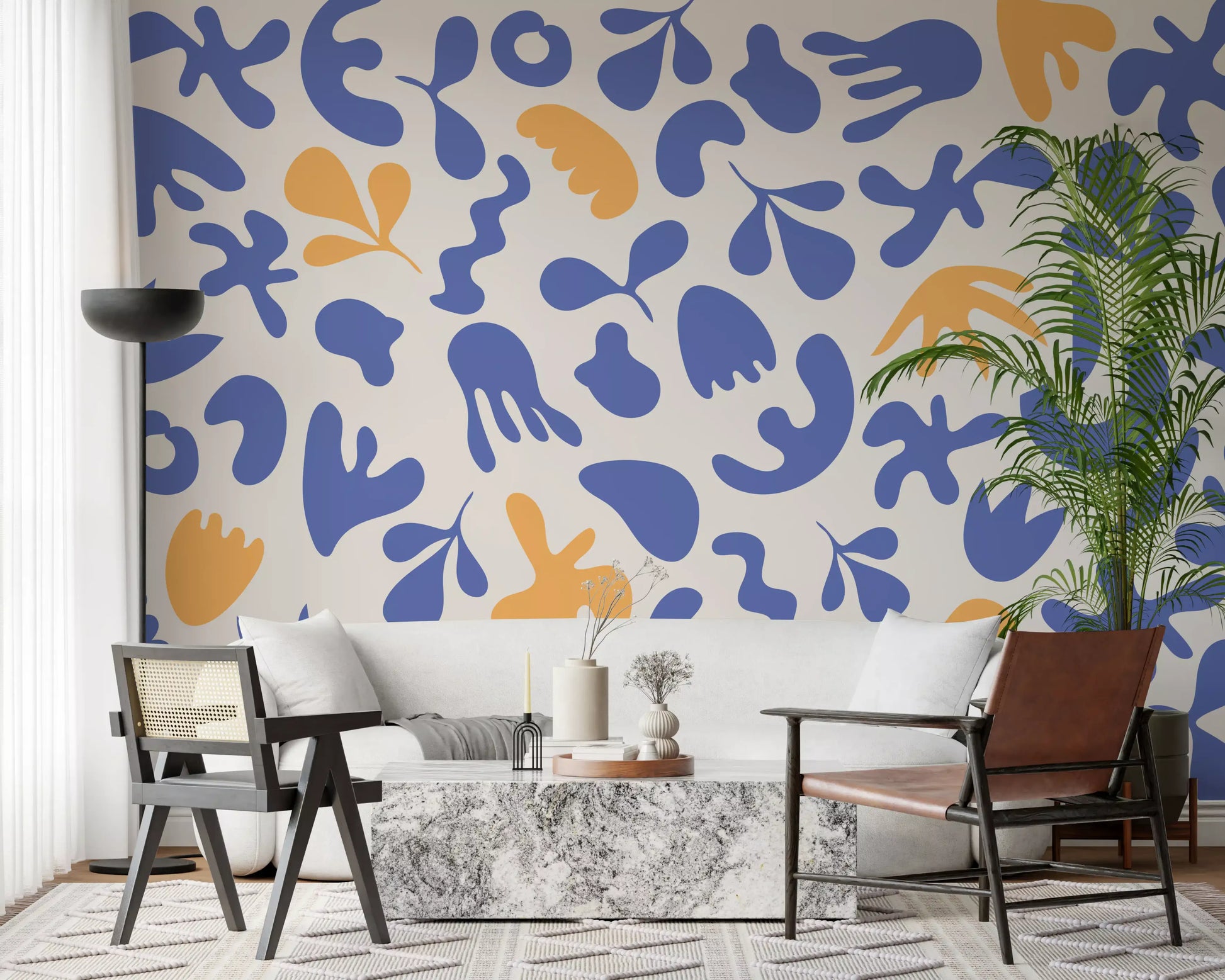 Home Office area with Organic Flow wall mural and soft blue layout