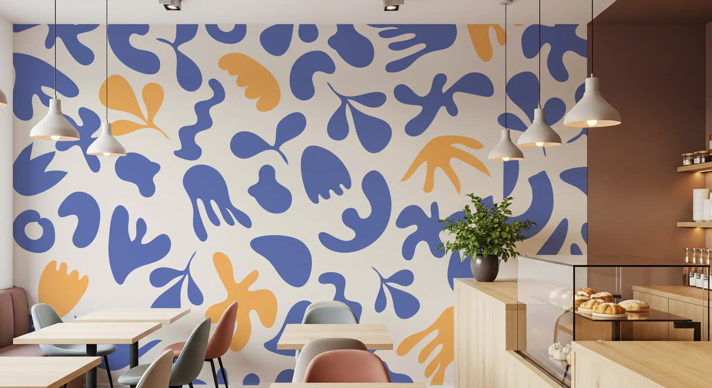 Soft-toned Organic Flow mural with playful blue form arrangement