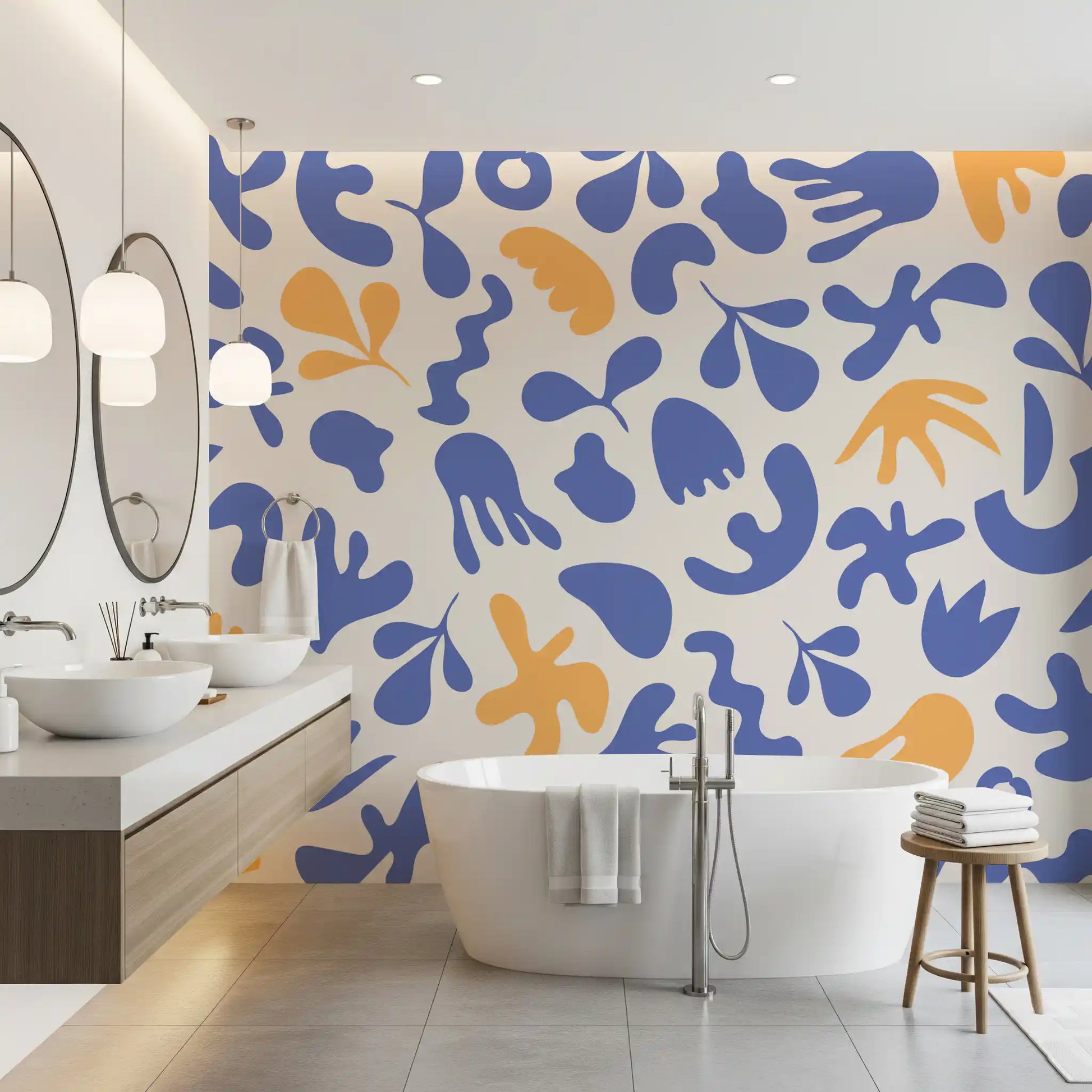 Abstract Wall Mural in blue with flowing cutout-inspired shapes