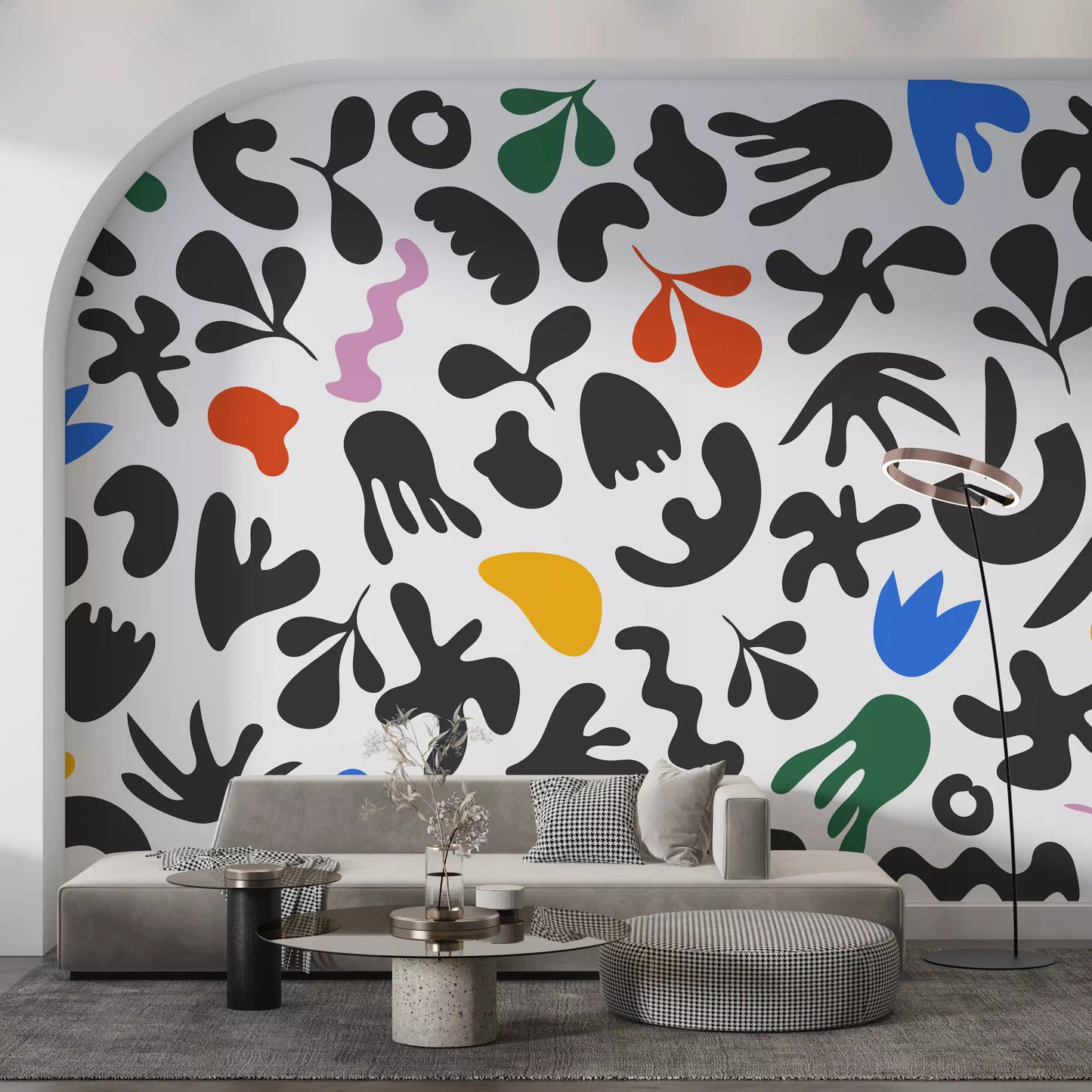 Living room wall finished with Dynamic Abstract mural and vivid accents