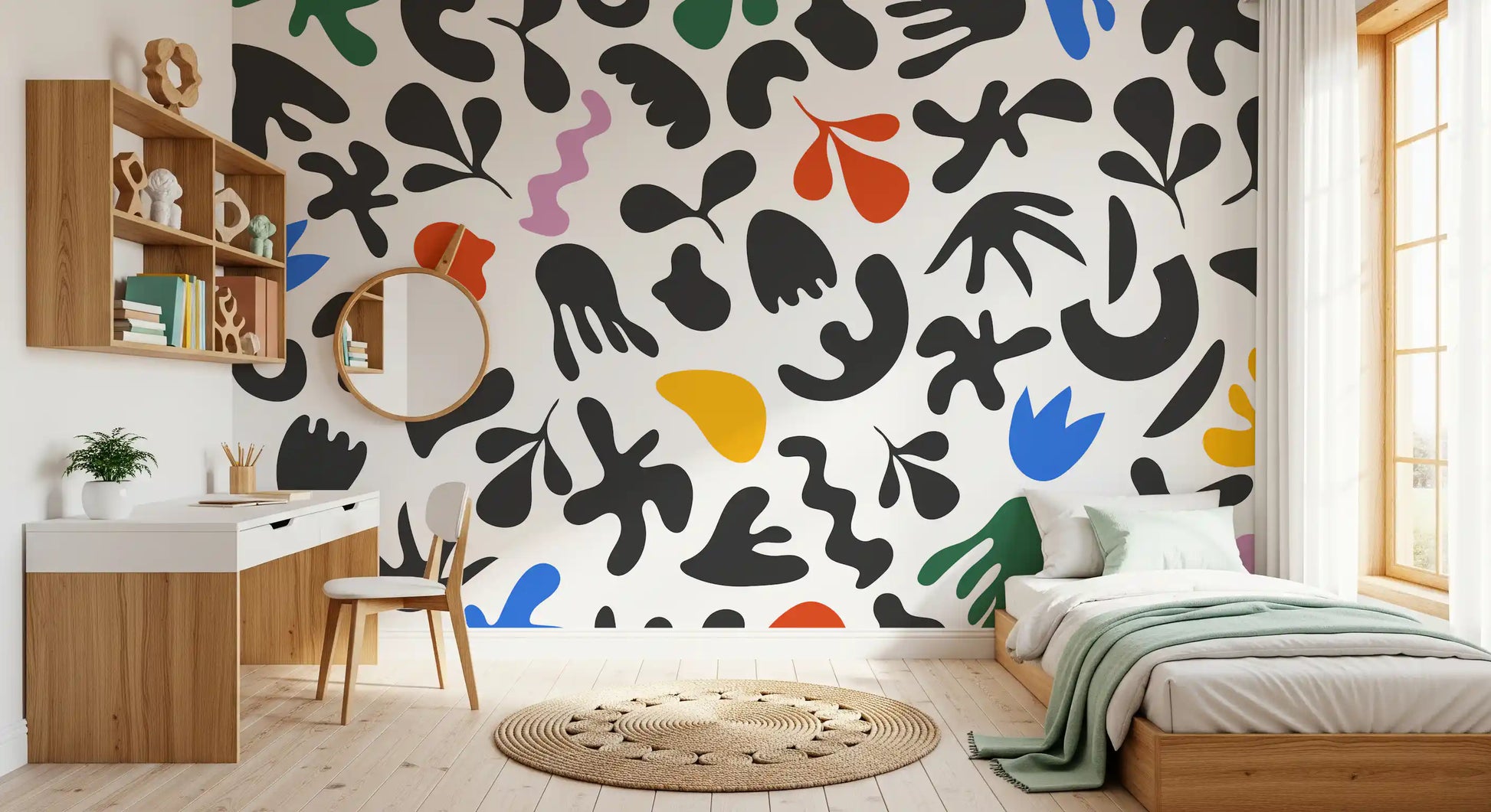 Playful freeform motifs define Dynamic Abstract mural on pale background