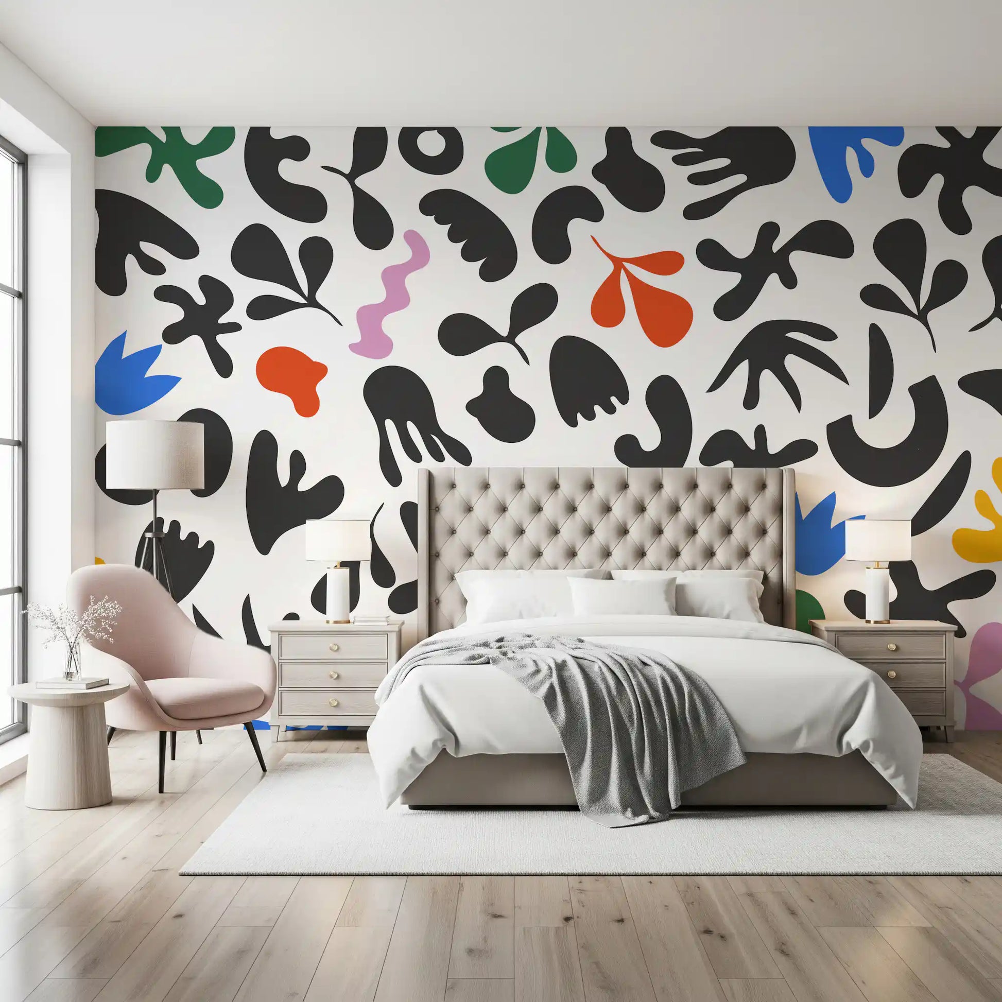 Bold black silhouettes shape Dynamic Shapes wall mural beautifully