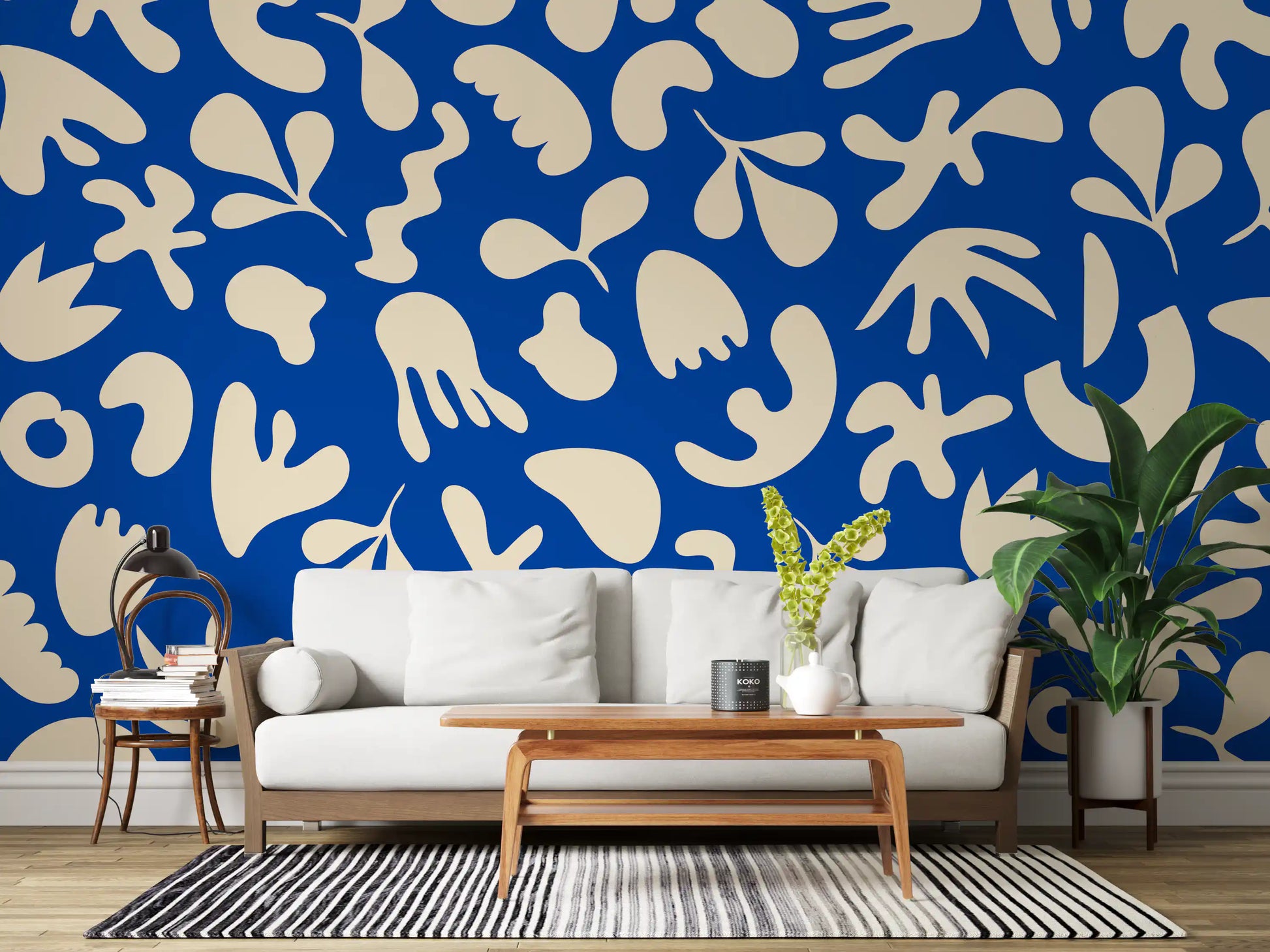 Hallway featuring Blue Flow Wall Mural and playful cream curved motifs
