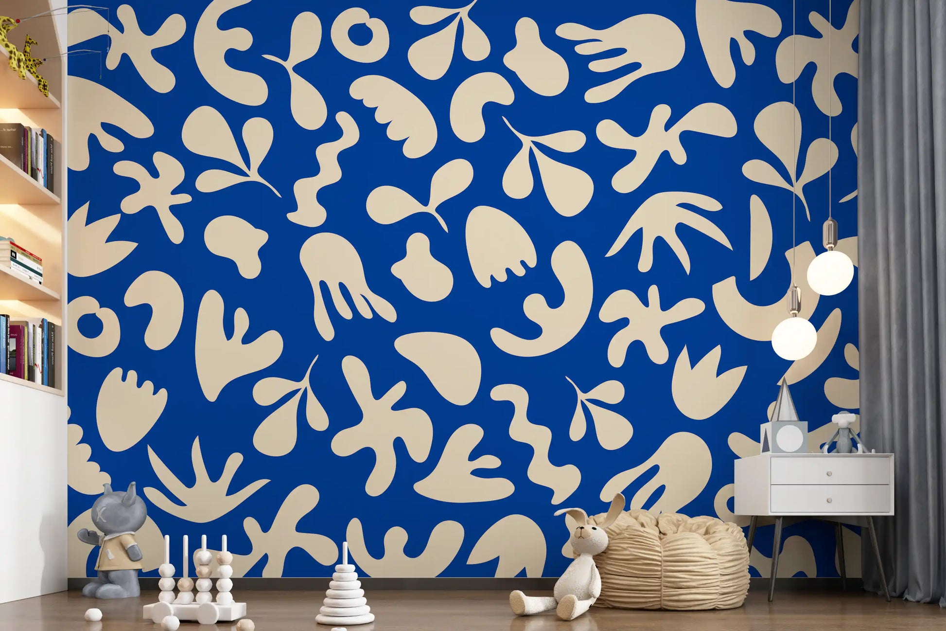 Play room with Blue Organic Flow mural in artistic abstract design