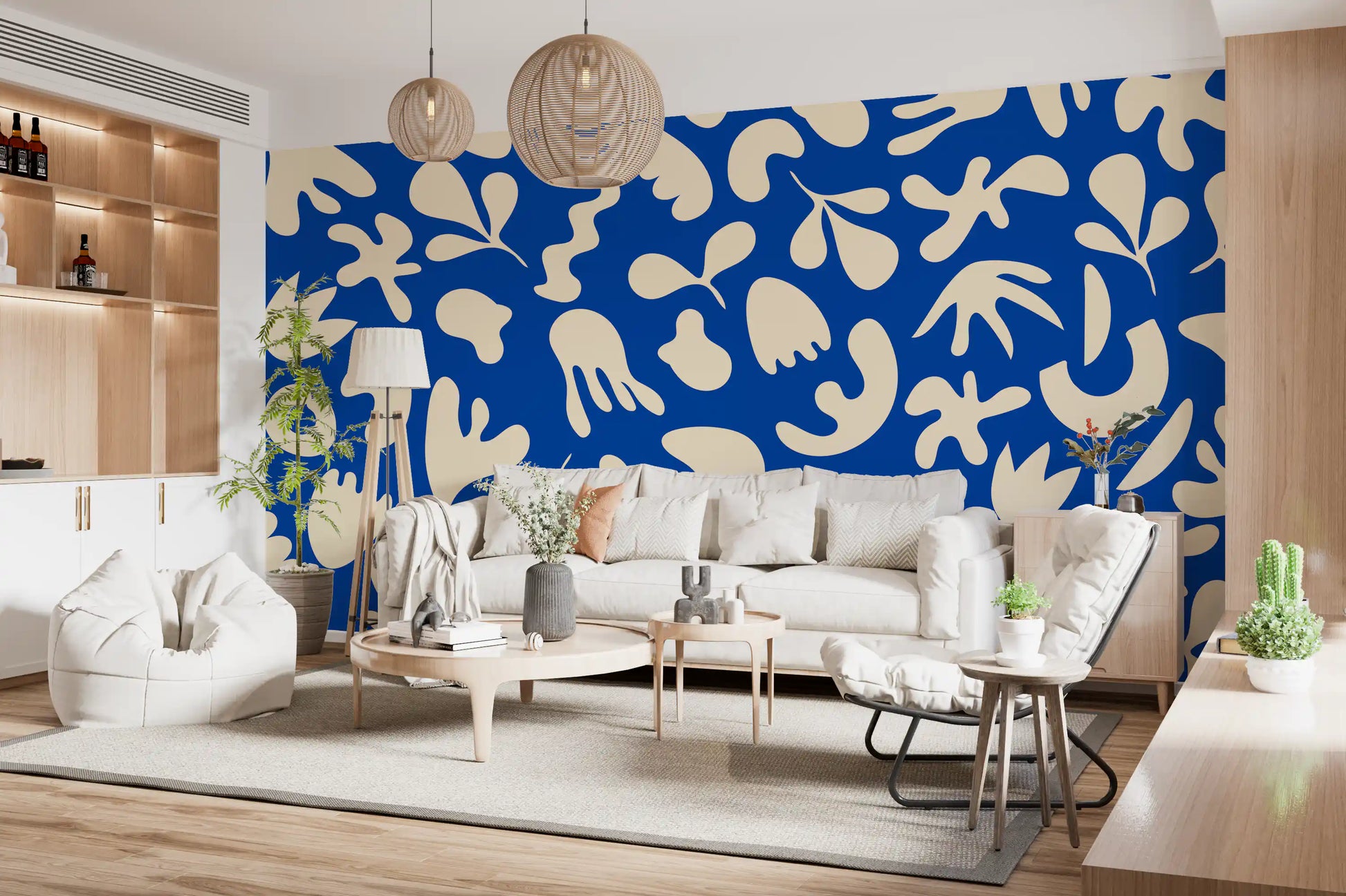 Office Home wall using Organic Flow Blue mural with soft cream forms