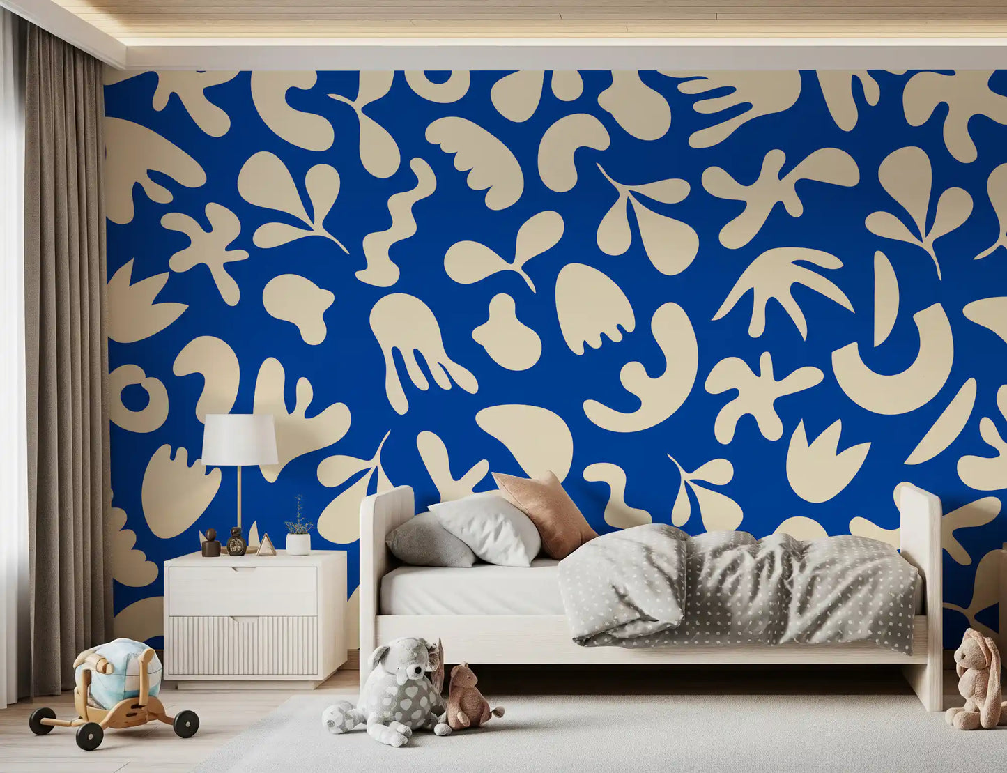 Bedroom wall styled in Organic Flow Mural with bold blue modern pattern