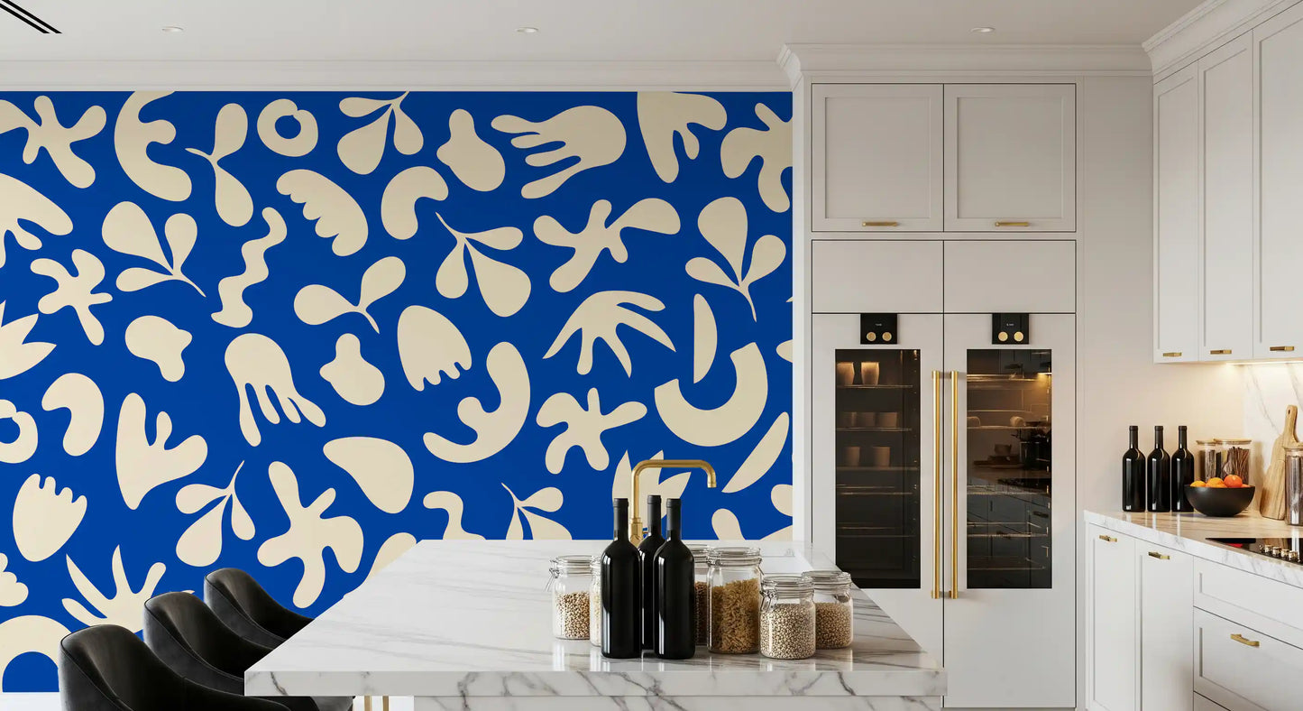 Rich blue background with cream shapes in Blue Organic Flow wall mural