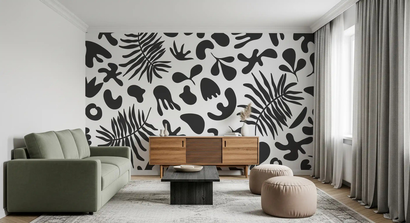 Follaje abstracto orgánico en blanco y negro Wall Mural