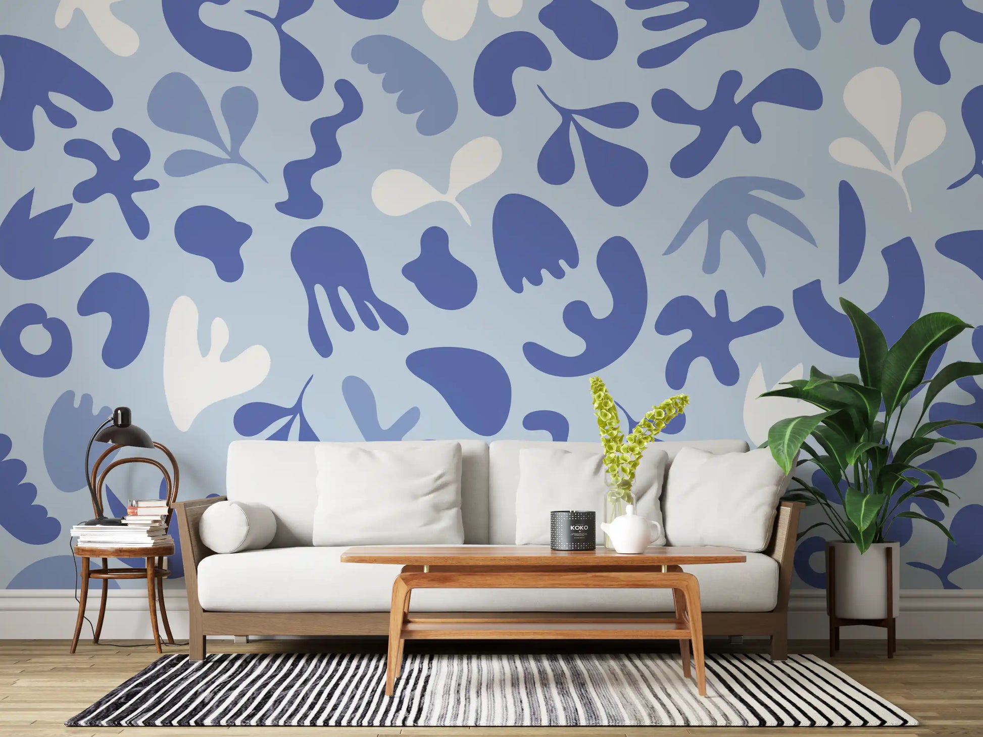 Hallway featuring Cut Flow wall mural in pale periwinkle pattern