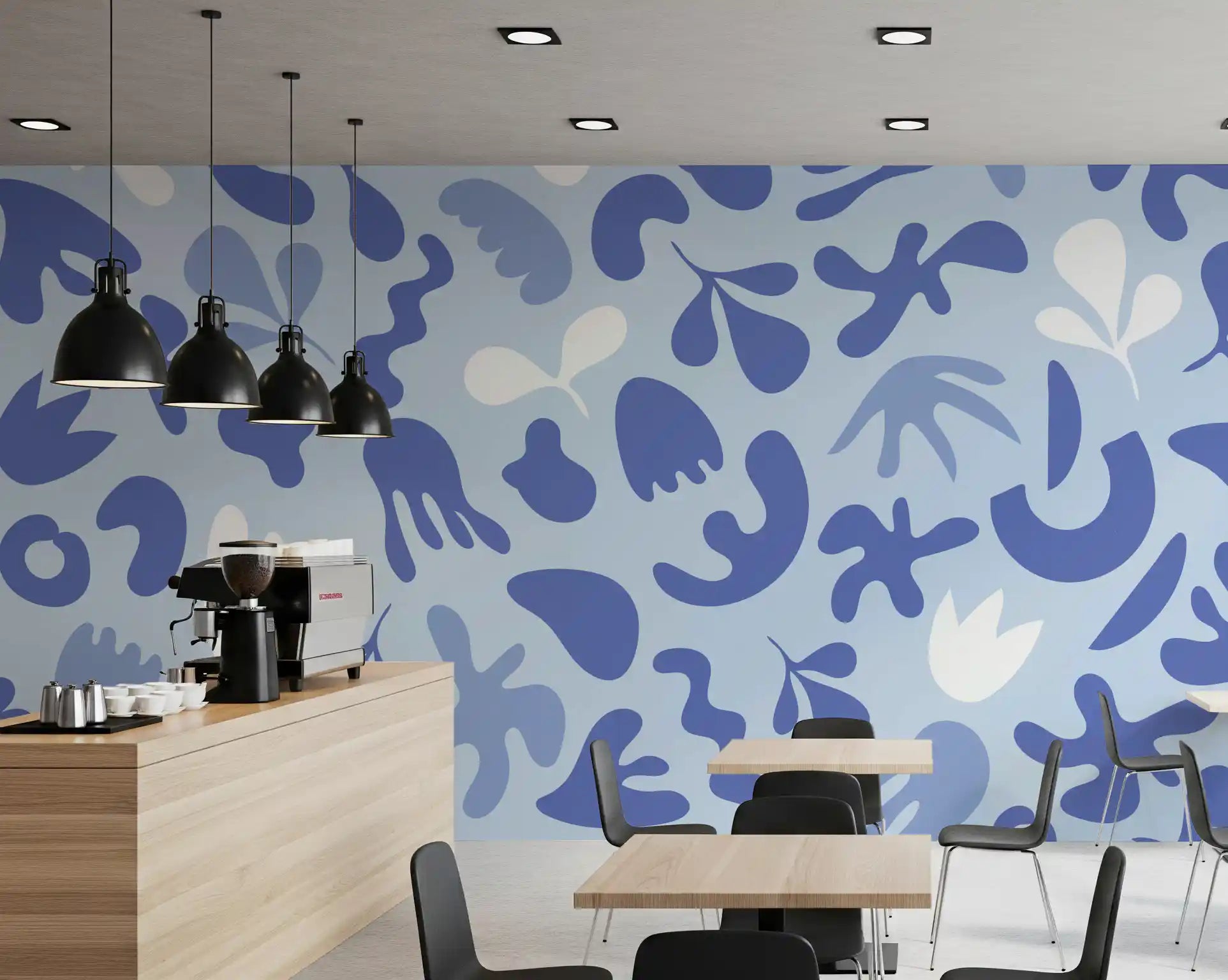 Cafe area showing Periwinkle Cut Flow wall mural in fluid shapes