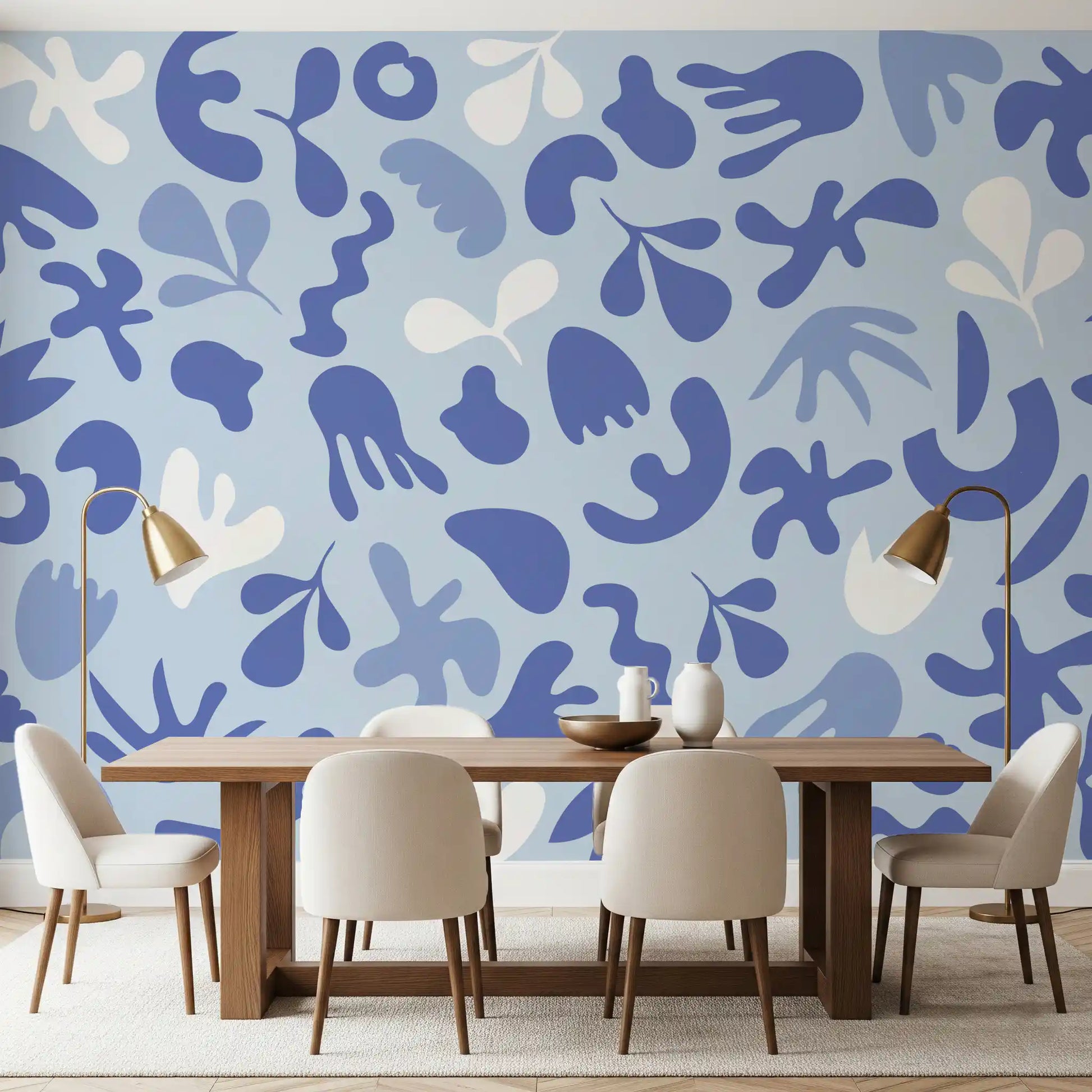 Dining room styled using Periwinkle Cut wall mural with flowing blue shapes