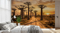Bedroom styled using Golden Baobab Path wall mural warm nature tones