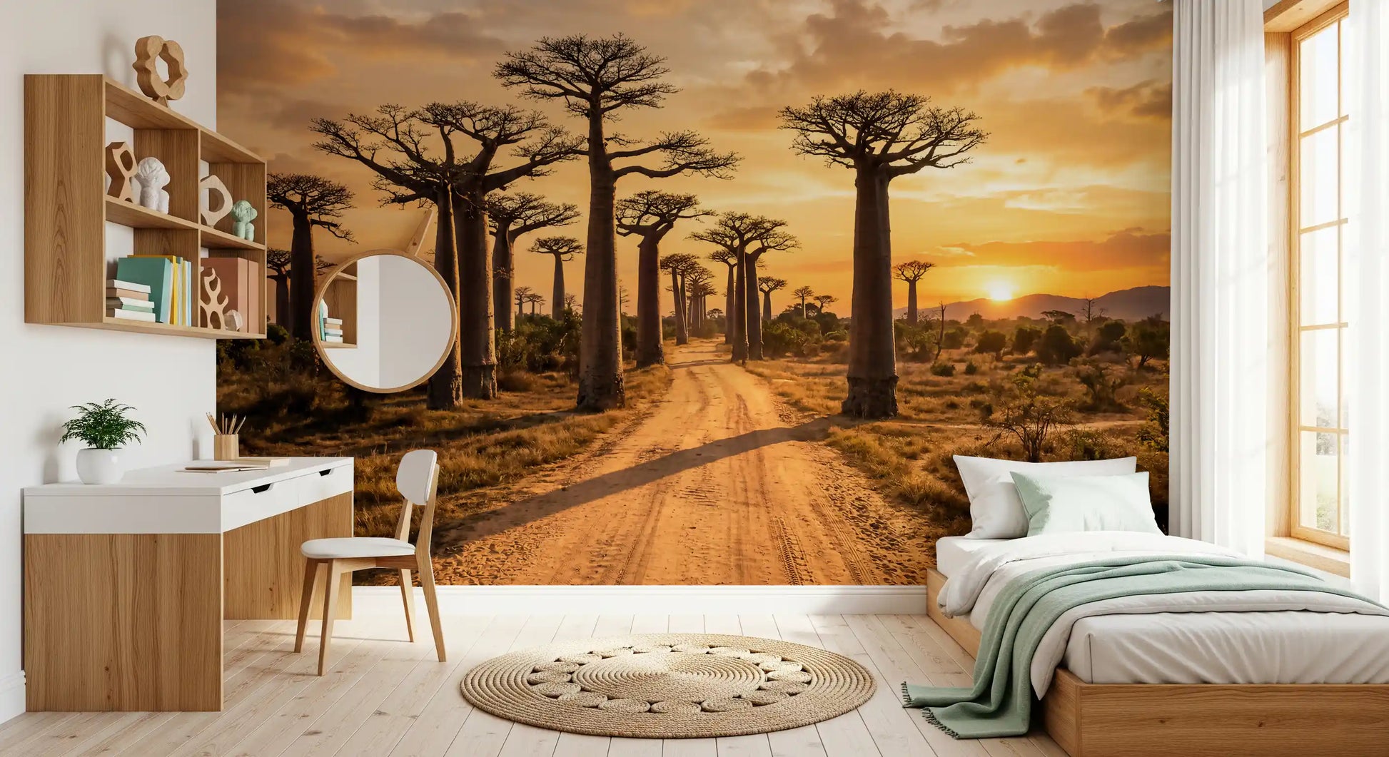 Sunlit baobab wall mural with dusty trail and soft sky tones