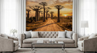 Nature path wall mural with tall trees and golden landscape tones