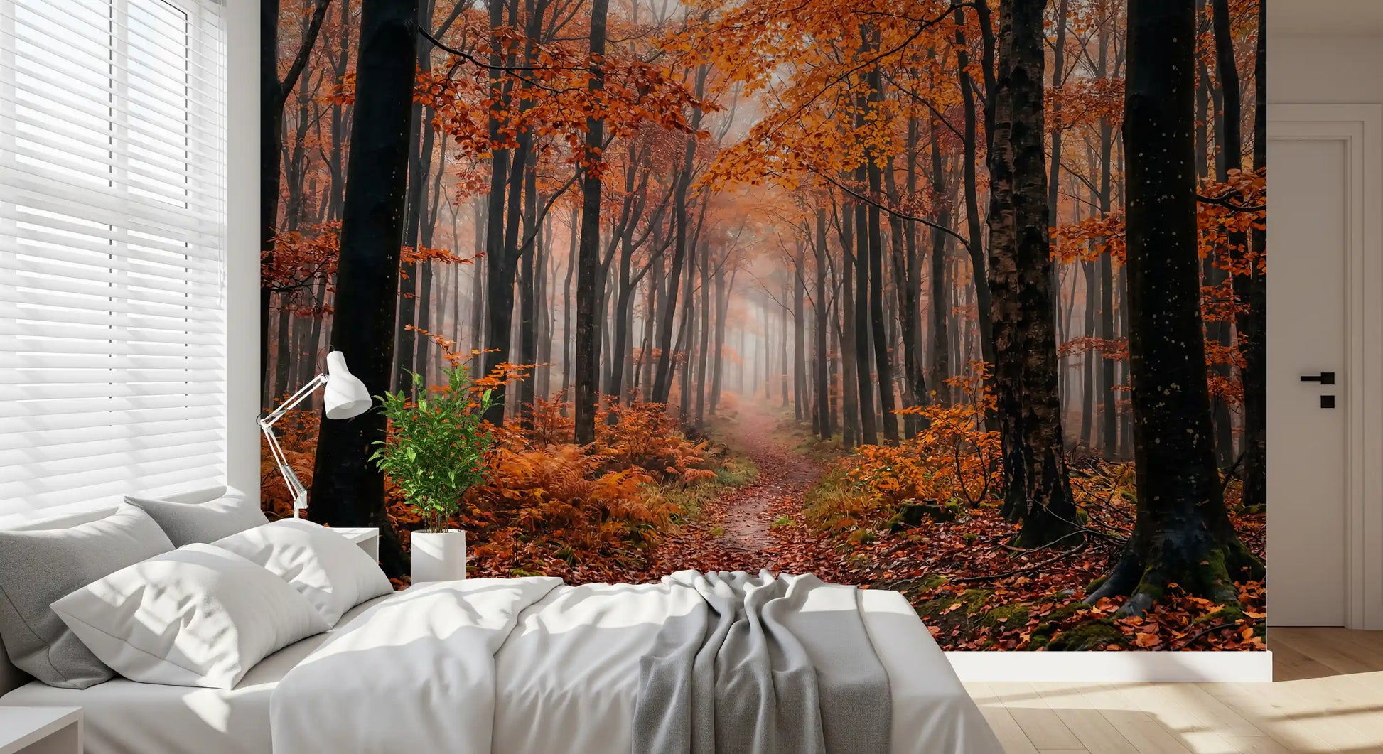 Bedroom styled using Misty Autumn Forest Path wall mural with fall foliage